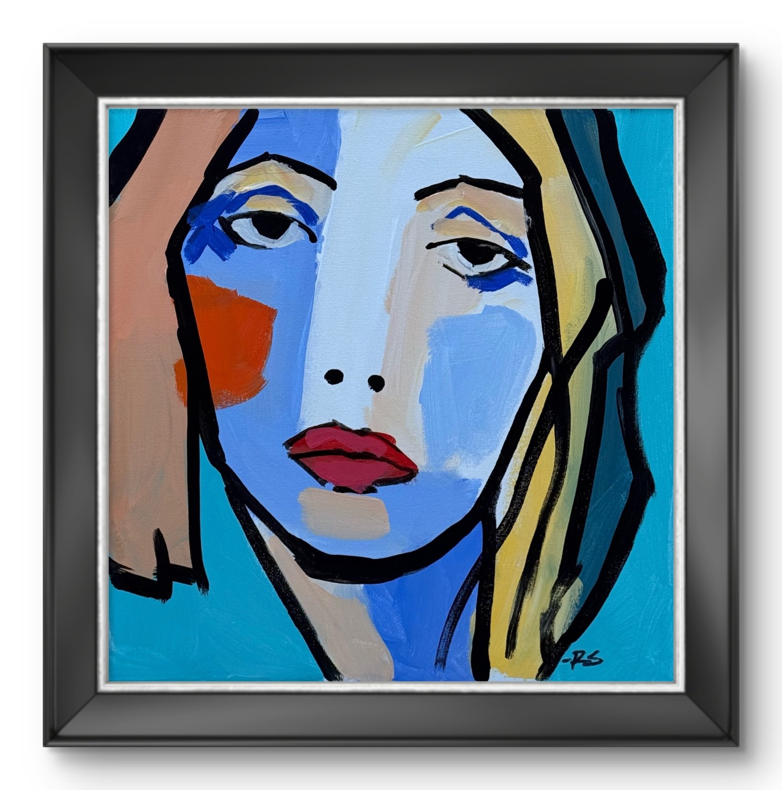 R Stevens Original 12x12 Modern Abstract Female Portrait Painting Signed Canvas