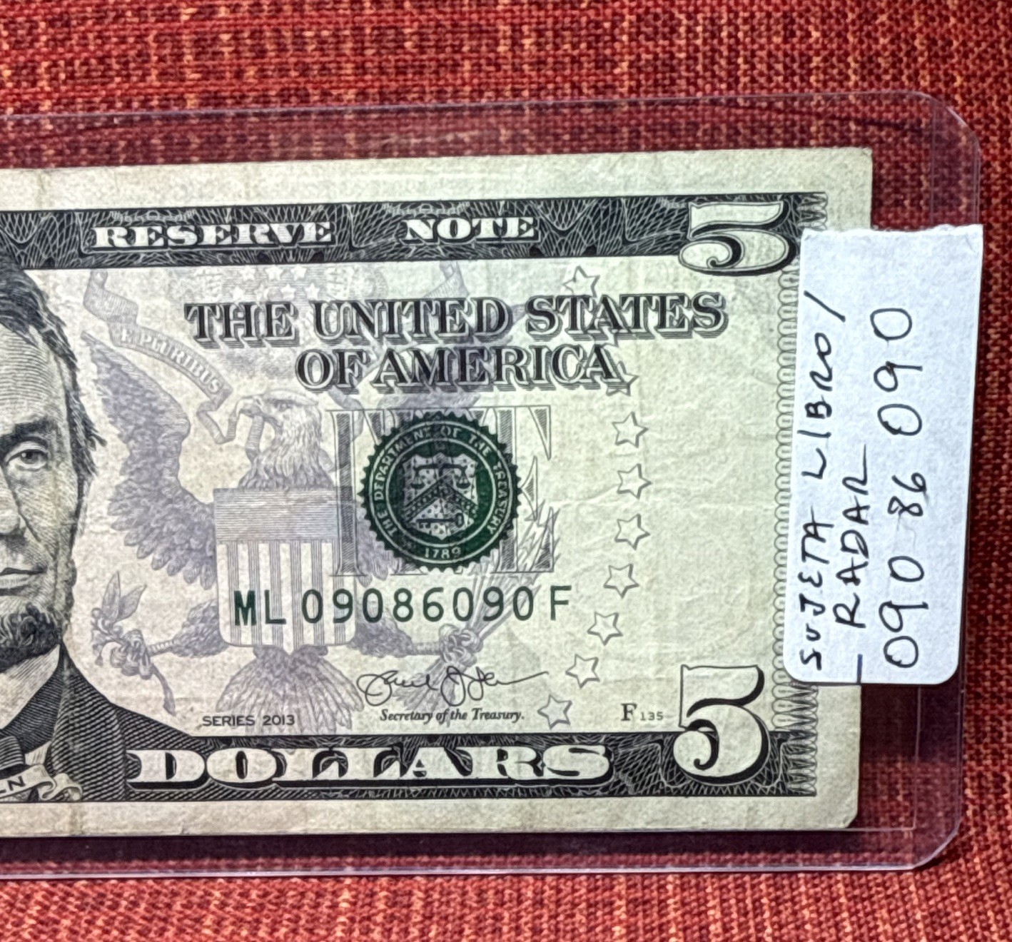 ⁠ $5 Note Series 2013 Fancy Serial Num Bookend Pattern ML09086090F Near RADAR 💸