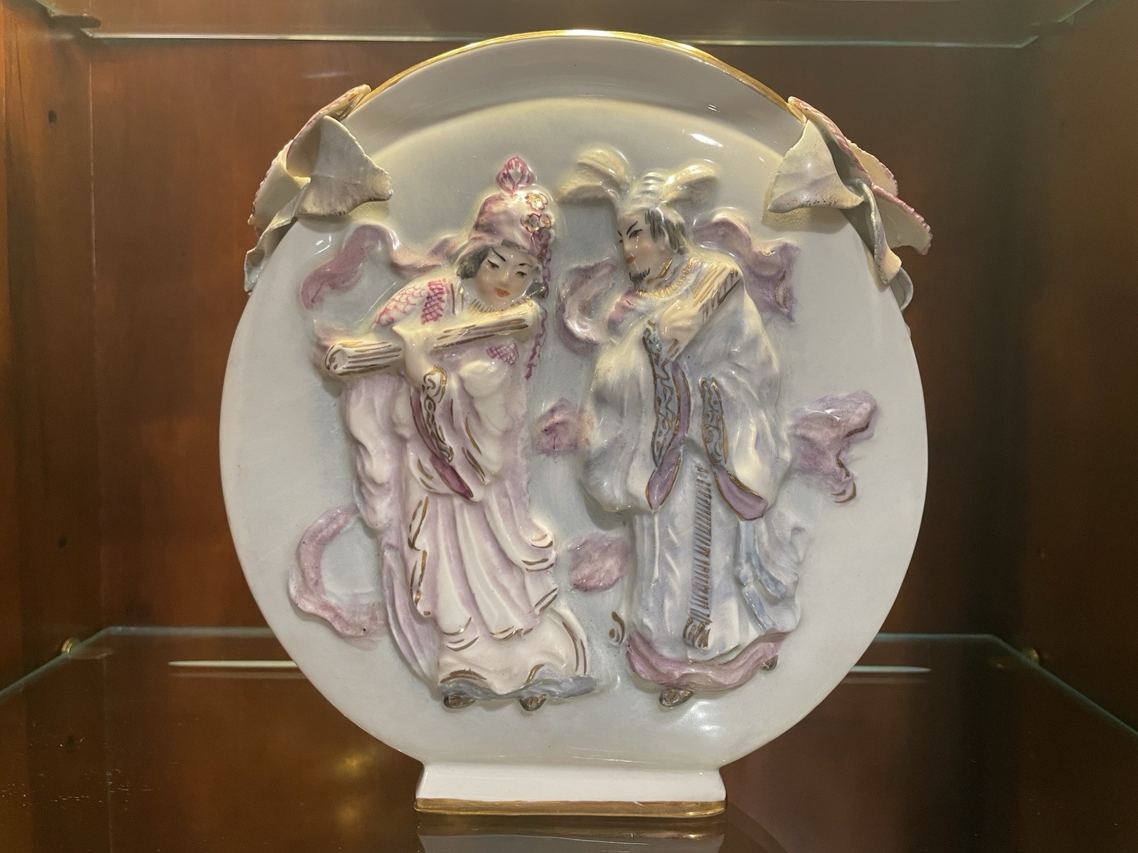 Vintage Cordey Cybis Porcelain Vase Asian Relief Figures Pink Purple Pastel Vintage Cordey Cybis Porcelain Vase Asian Relief Figures Pink Purple Pastel