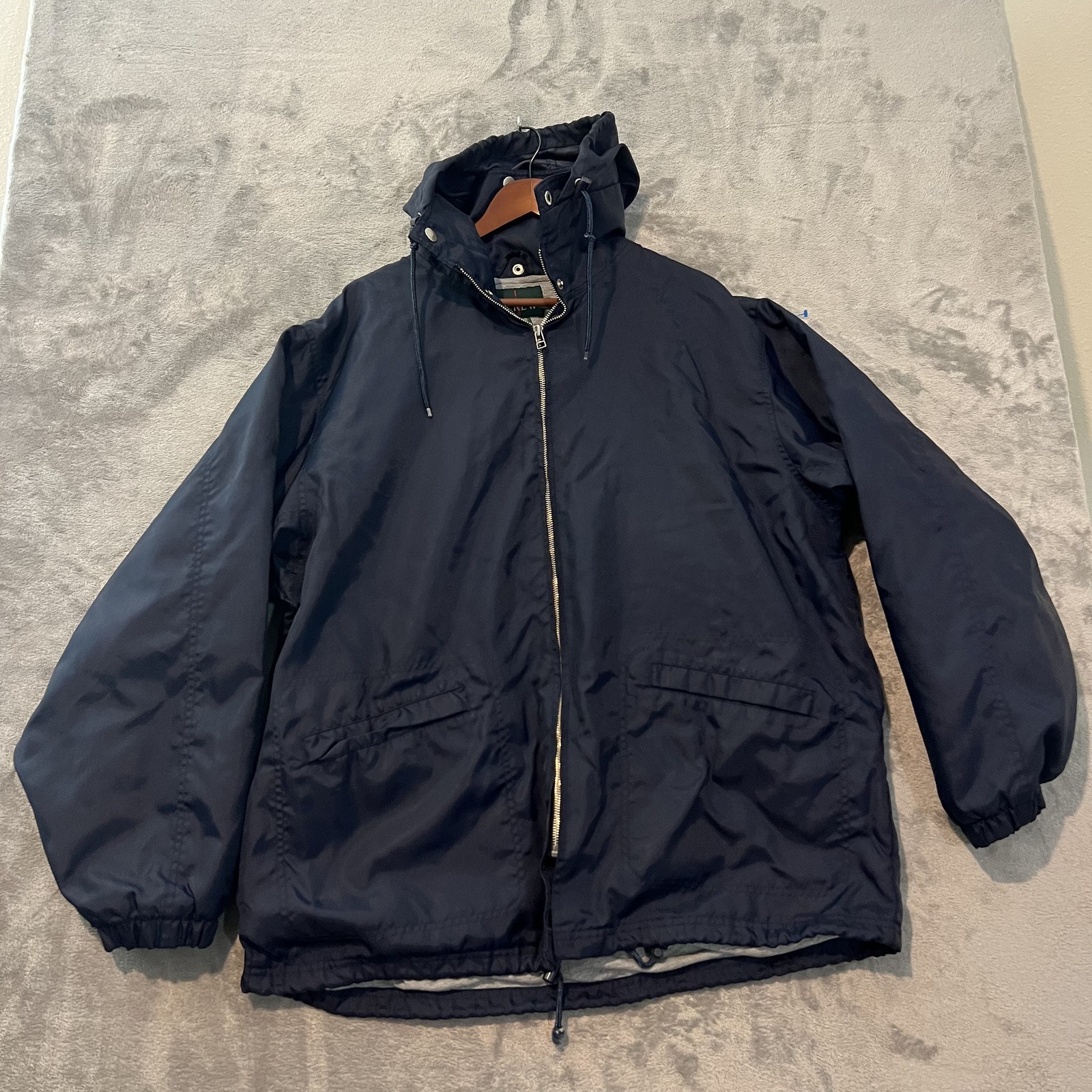Vintage J.Crew Oarsman Jacket Mens Large Blue Hooded Full Zip Lined Nylon Shell