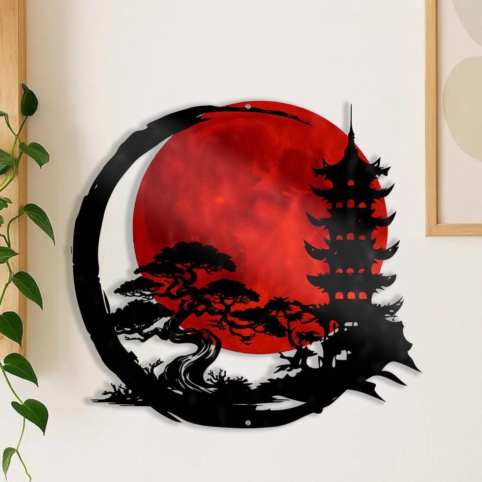 Japanese Red Moon Metal Wall Art, Pagoda Bonsai Landscape Decor, Metal Wall Art