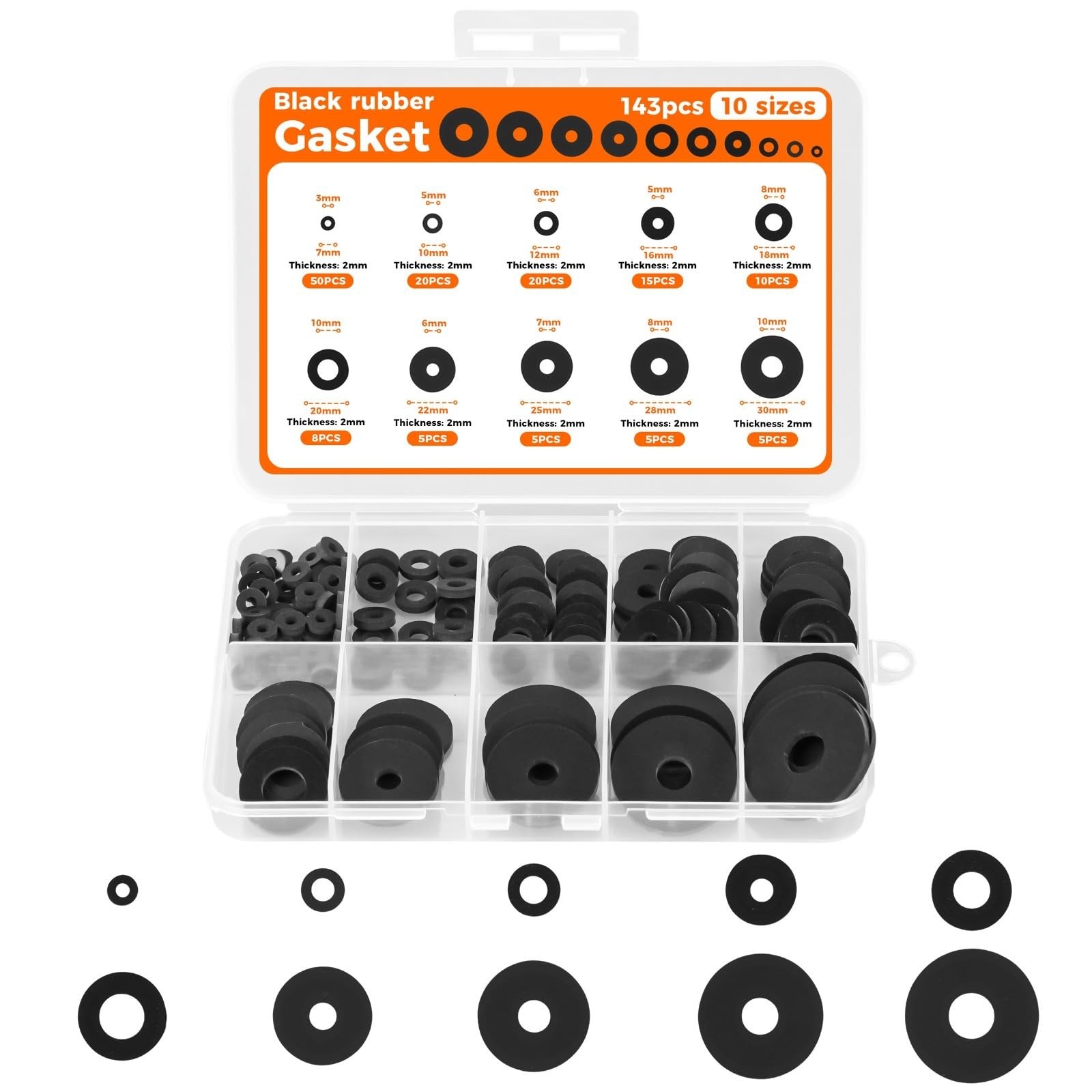 143Pcs Flat Rubber Washers Assortment Kit, 10 Sizes 143Pcs Flat Rubber Washers Assortment Kit, 10 Sizes