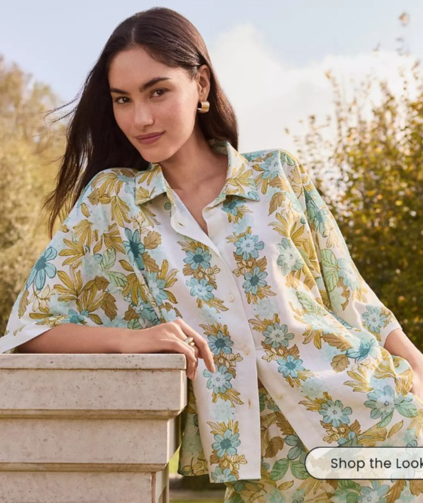 LOFT Women\'s Ivory/Aqua/Ochre Multi Floral Oversized Linen Bl. ButtonUp Shirt XL