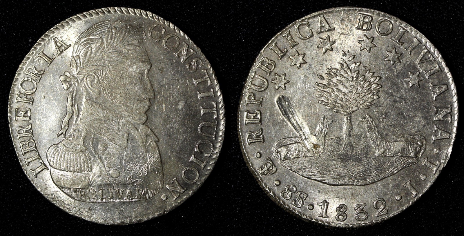 BOLIVIA Bolivar Silver 1832 PTS JL 8 Soles UNC Mint Luster SCARCE KM# 97 (804)