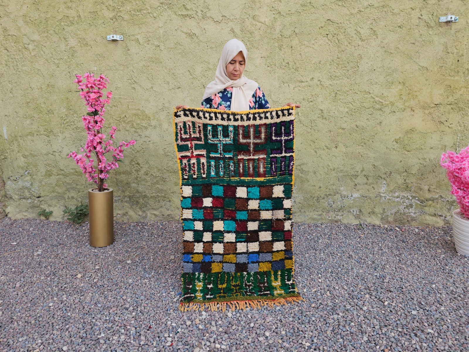 Authentic Vintage Moroccan Wool Rug Handwoven Bohemian Mosaic Floor Carpet Authentic Vintage Moroccan Wool Rug Handwoven Bohemian Mosaic Floor Carpet