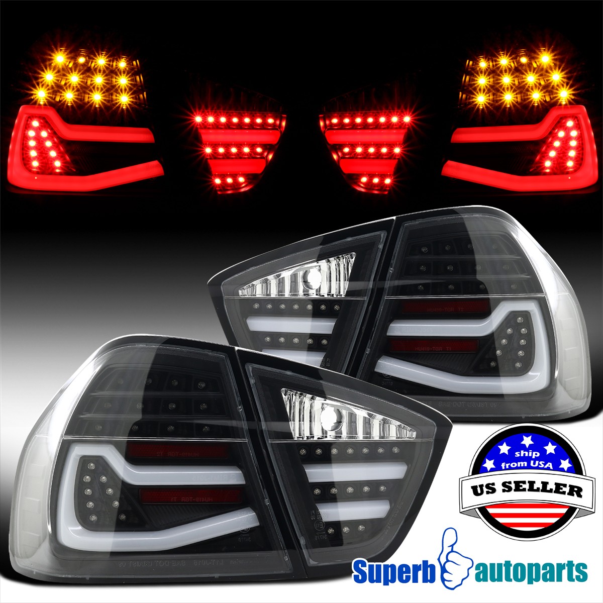 Fits 2006-2008 BMW 3 Series E90 4Dr Sedan Black Tube LED Tail Rear Brake Light
