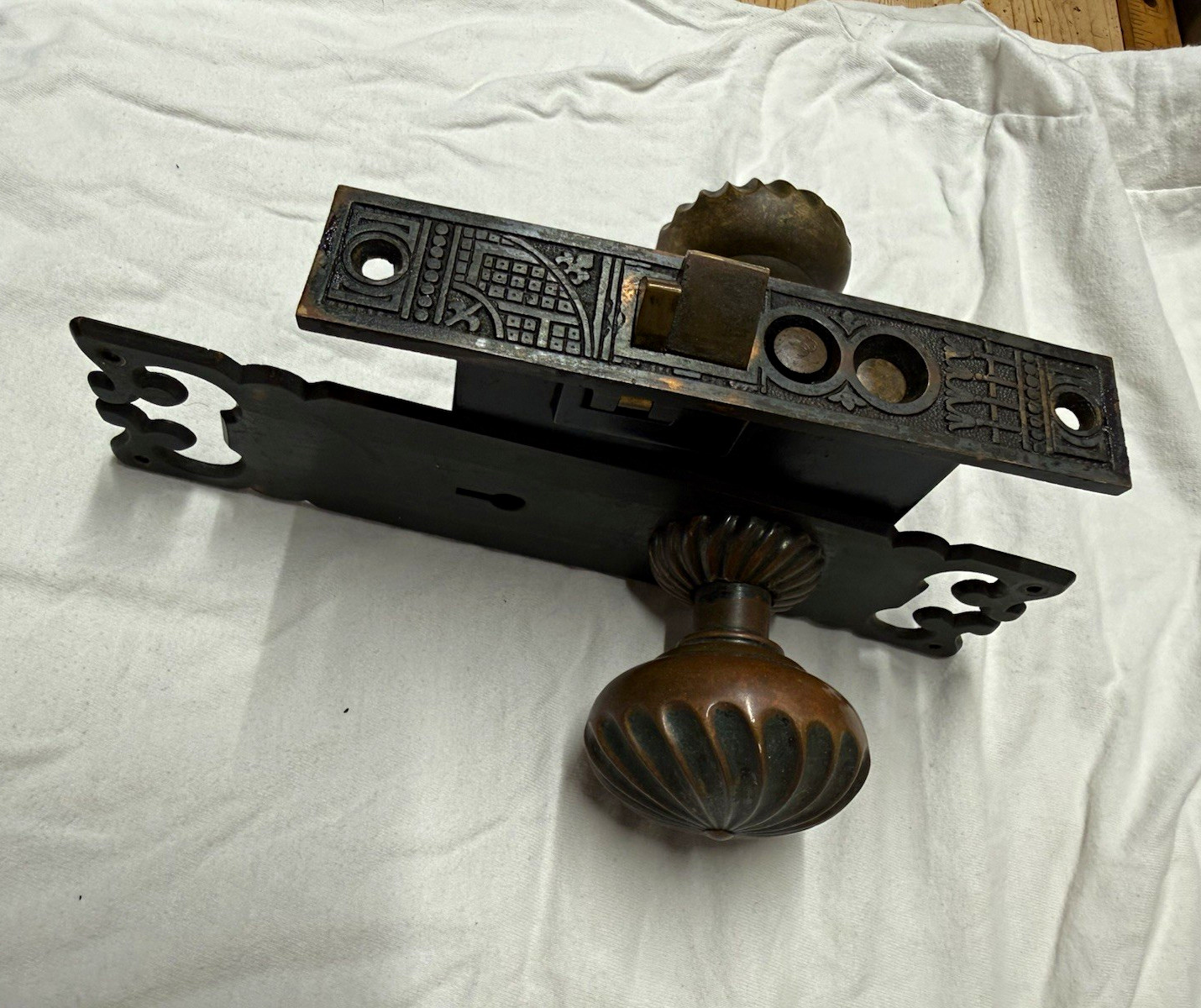 Antique Victorian Eastlake Mortise Lock Set Bronze Knobs Ornate Backplate 1880s