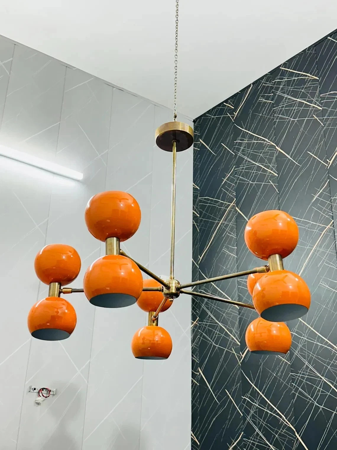 Mid Century Sputnik Brass Chandelier Orange Ball Ceiling Light Modern Fixture