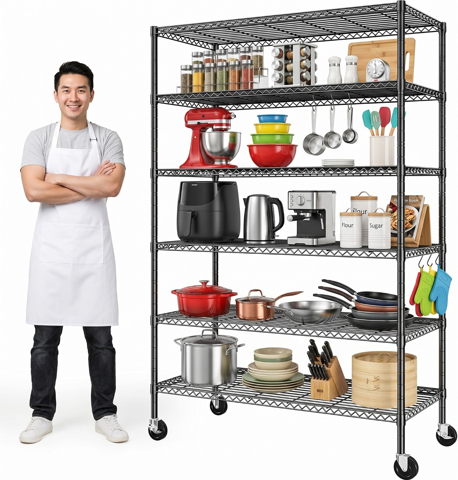 6 Tier Wire Shelving Unit with Wheels Steel Heavy Duty Layer Rack 18x46x84 inch