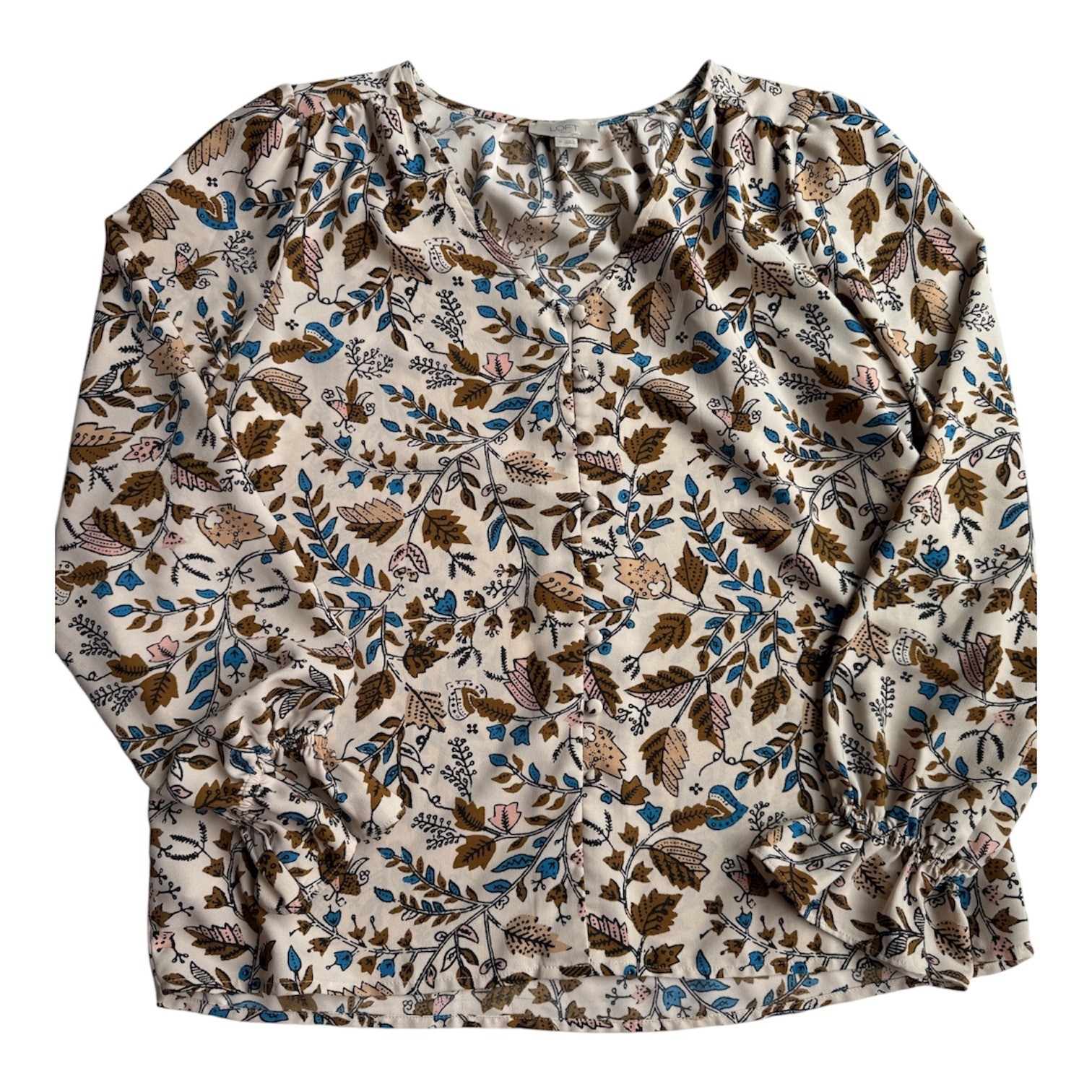 Loft Outlet Womens Floral V-Neck Button Front Blouse Cream Brown Blue Size M Loft Outlet Womens Floral V-Neck Button Front Blouse Cream Brown Blue Size M