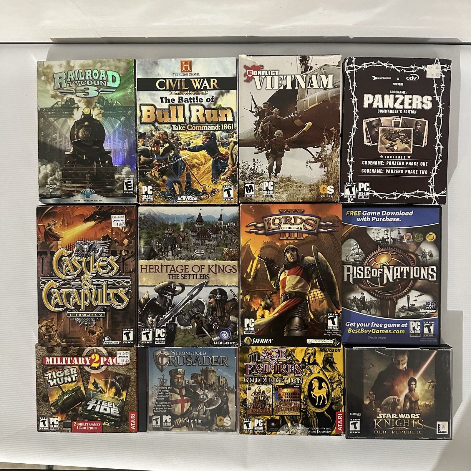 Vtg PC Game Lot RTS Strategy Age of Empires Rise Nations KOTOR Railroad Tycoon
