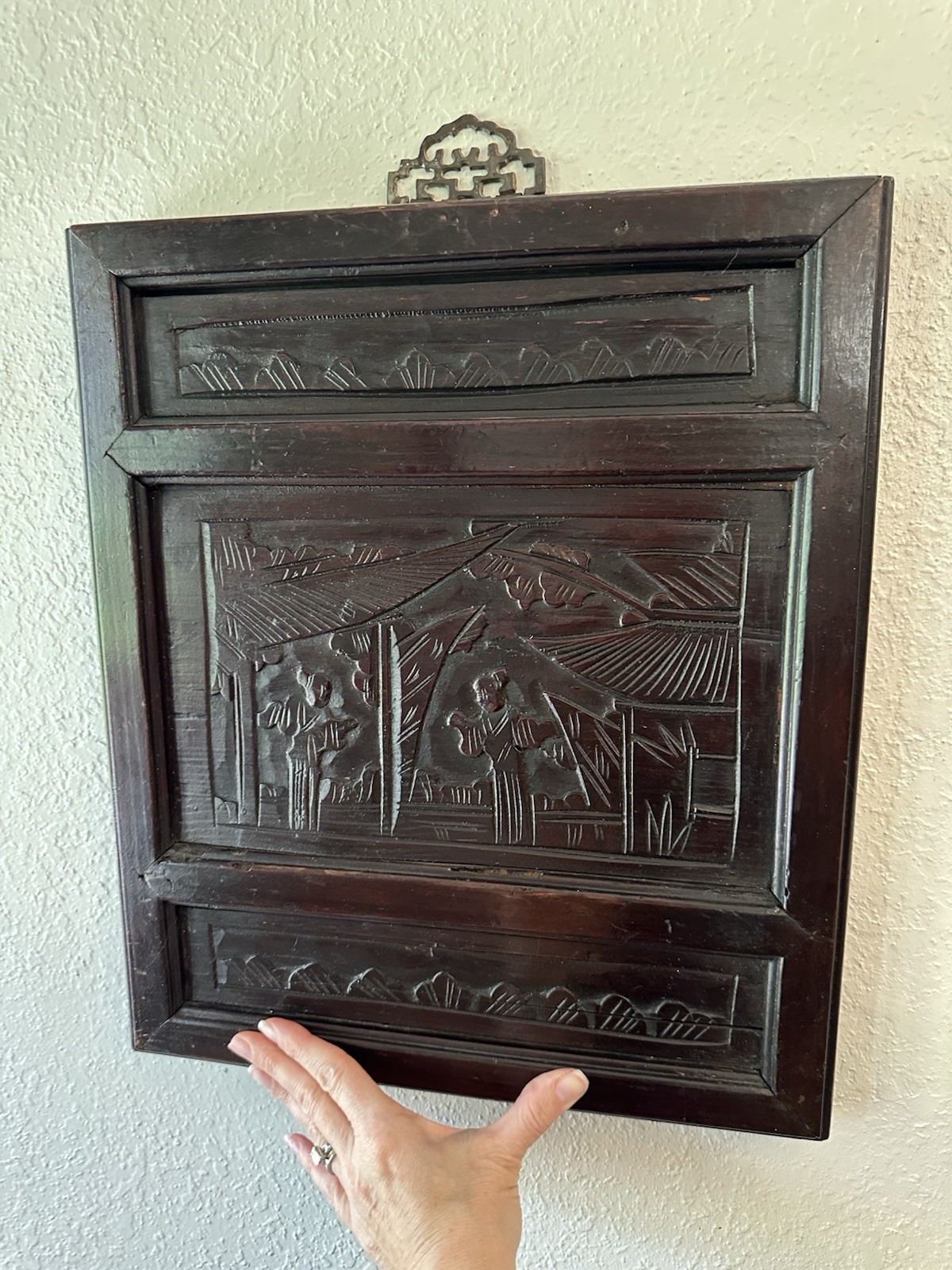 C19th Antique Chinese Hand Carved Dark Brown Wooden Panel Wall Hanging Qing C19th Antique Chinese Hand Carved Dark Brown Wooden Panel Wall Hanging Qing