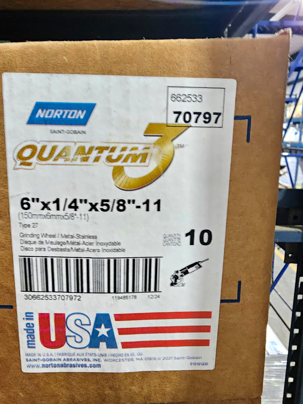 Norton Quantum3 Ceramic Straight Cup Grinding Wheel 6x1/4 5/8-11 Grit 27 10pk