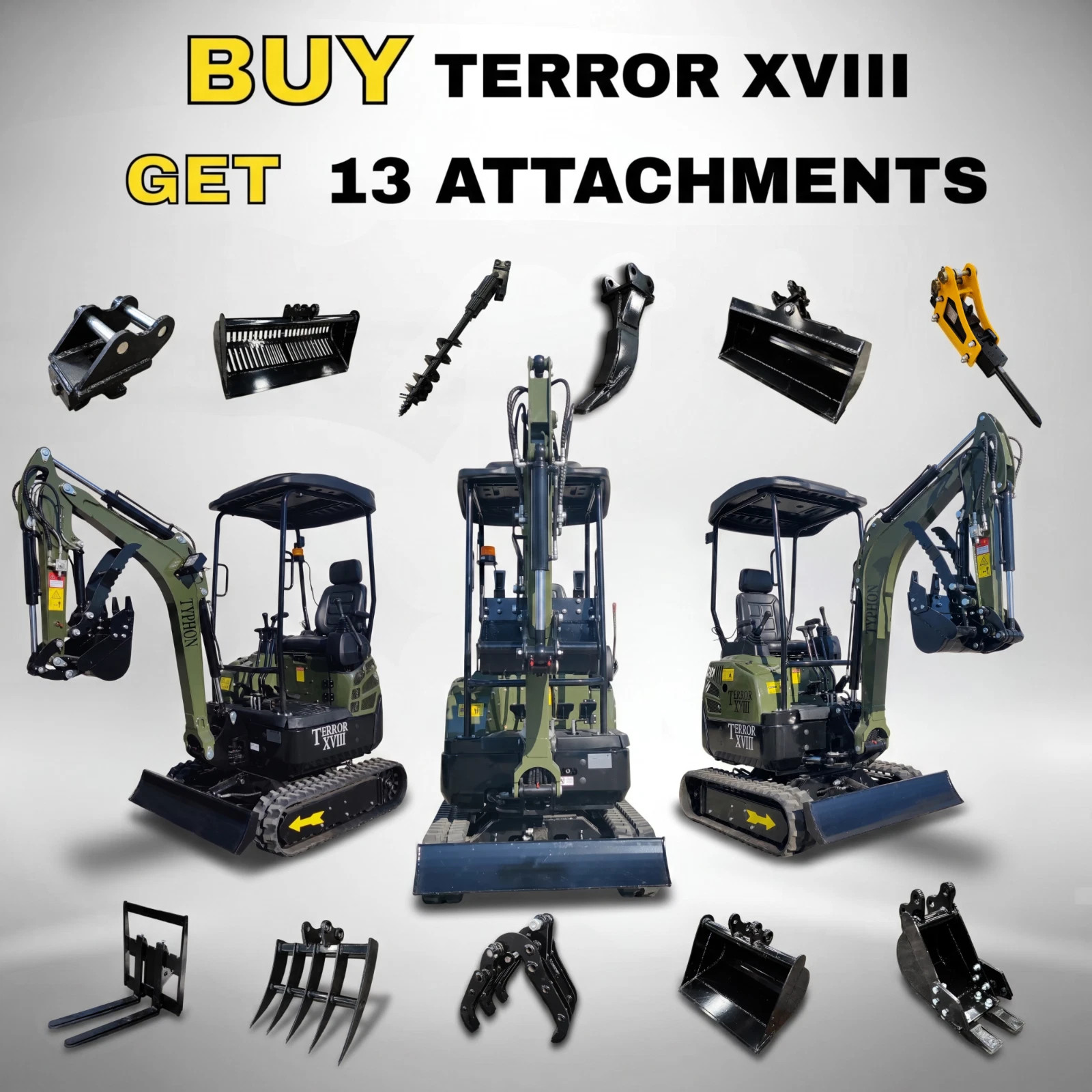 Free Ship TYPHON TERROR  XVIII 4000lb Mini Excavator Kubota D902 w 13 Attachment