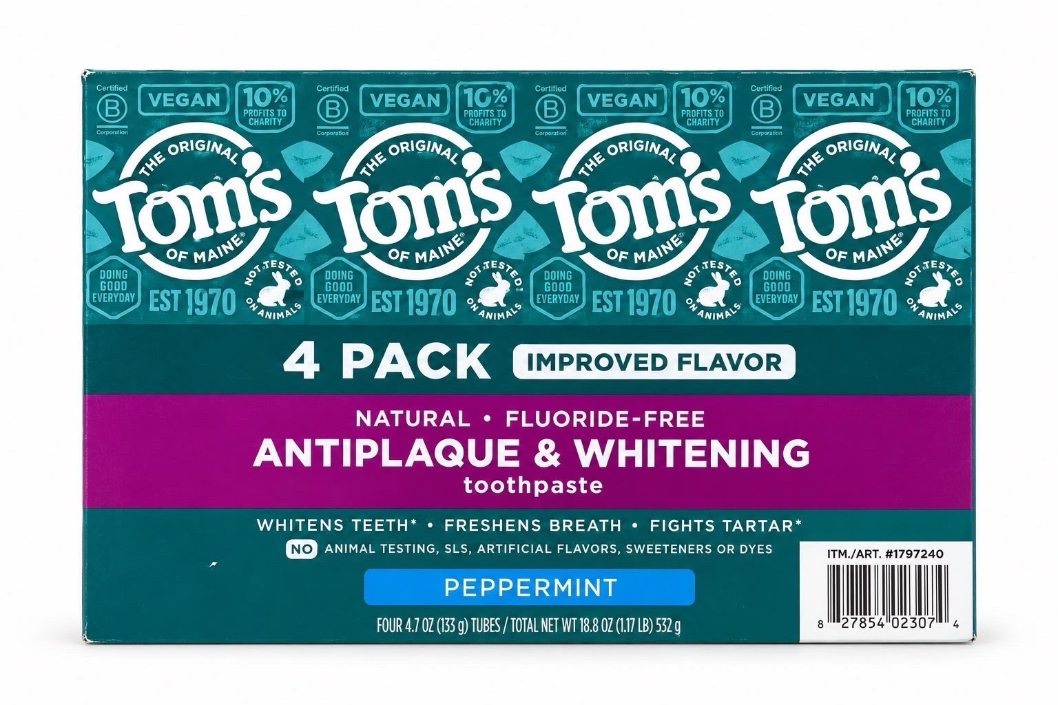 Tom\'s of Maine Antiplaque Whitening Toothpaste Fluoride Free Peppermint 4Pk 1/28