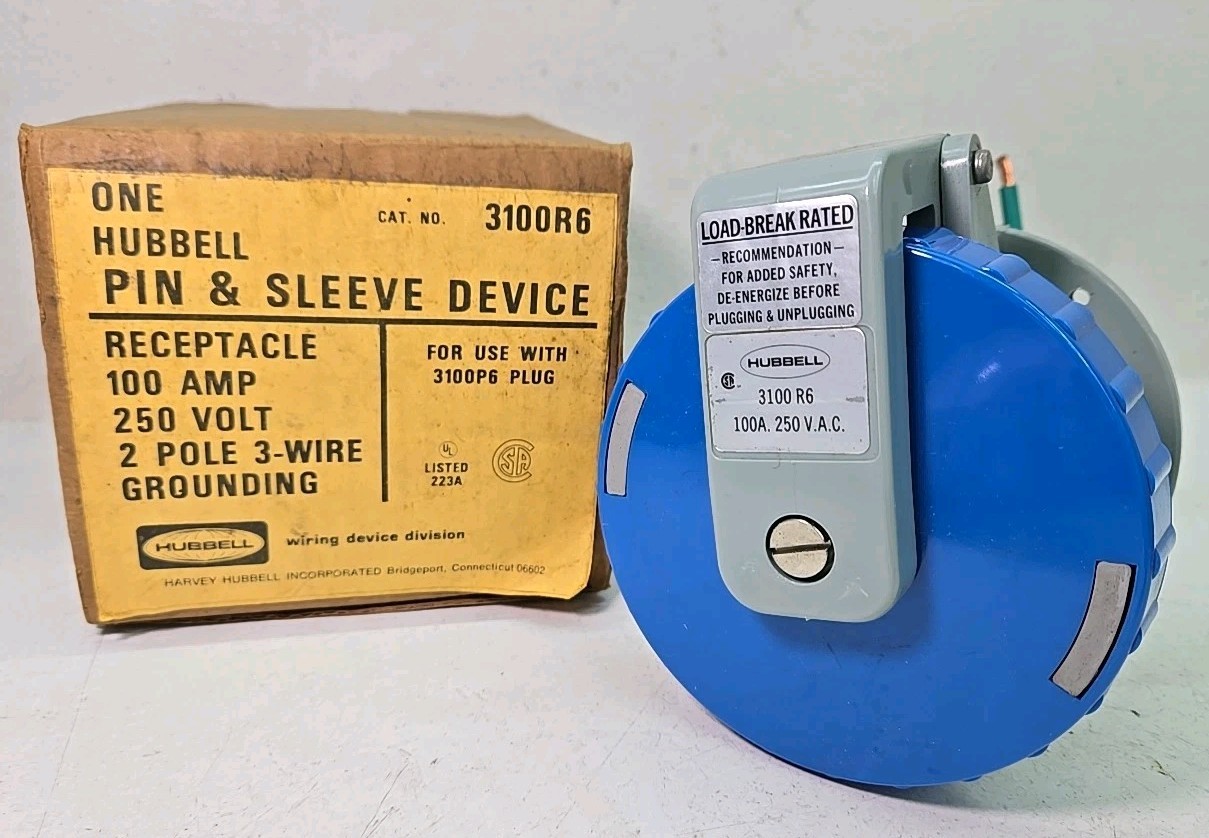 Hubbell 3100R6 Pin & Sleeve Watertight Receptacle 100 A 250V Use w/3100P6 Hubbell 3100R6 Pin & Sleeve Watertight Receptacle 100 A 250V Use w/3100P6