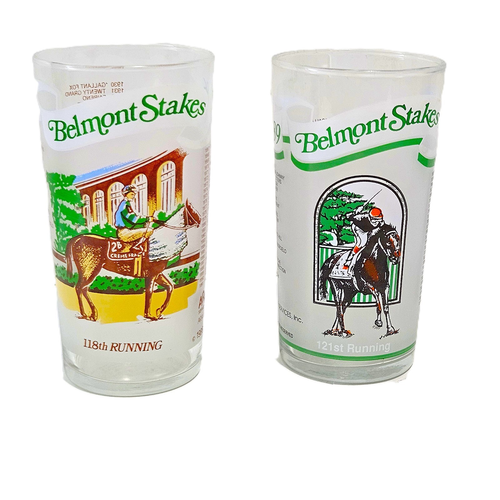 Vintage 1986 & 1989 Belmont Stakes Horse Racing Glass Tumblers – Set of 2