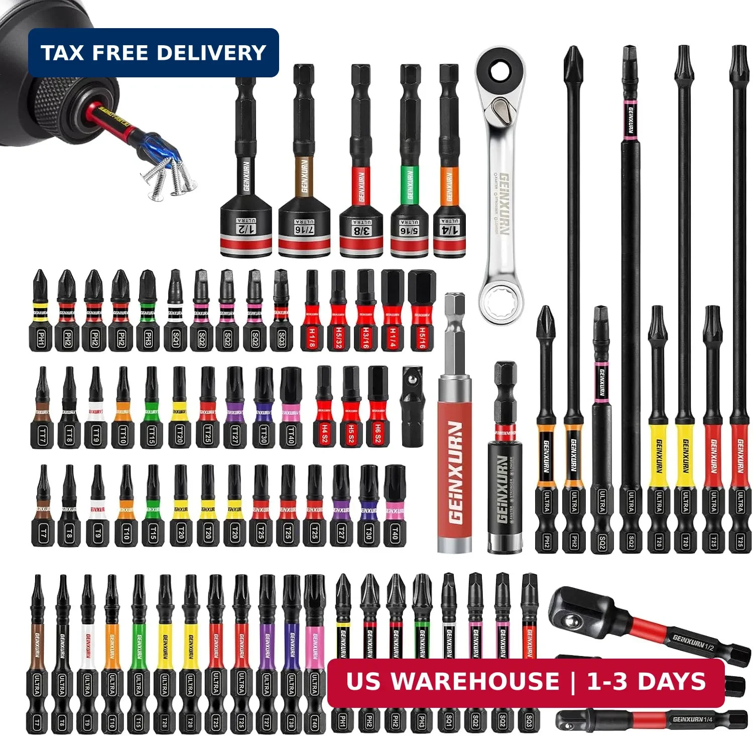 Geinxurn 82Pieces Impact Screwdriver Bits Set, Magnetic S2 Steel Phillips/Square