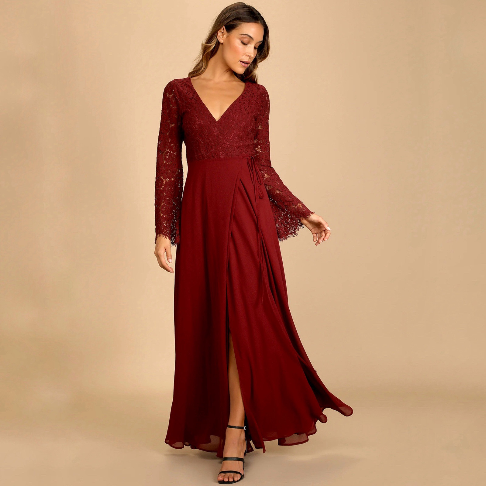 NWT Lulus Dress Utterly in Love Lace Long Sleeve Wrap Dress Burgundy LARGE Maxi