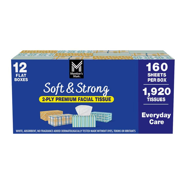 Member’s Mark Soft & Strong 2-Ply Premium Facial Tissues 12 Flat Boxes, 160 tiss
