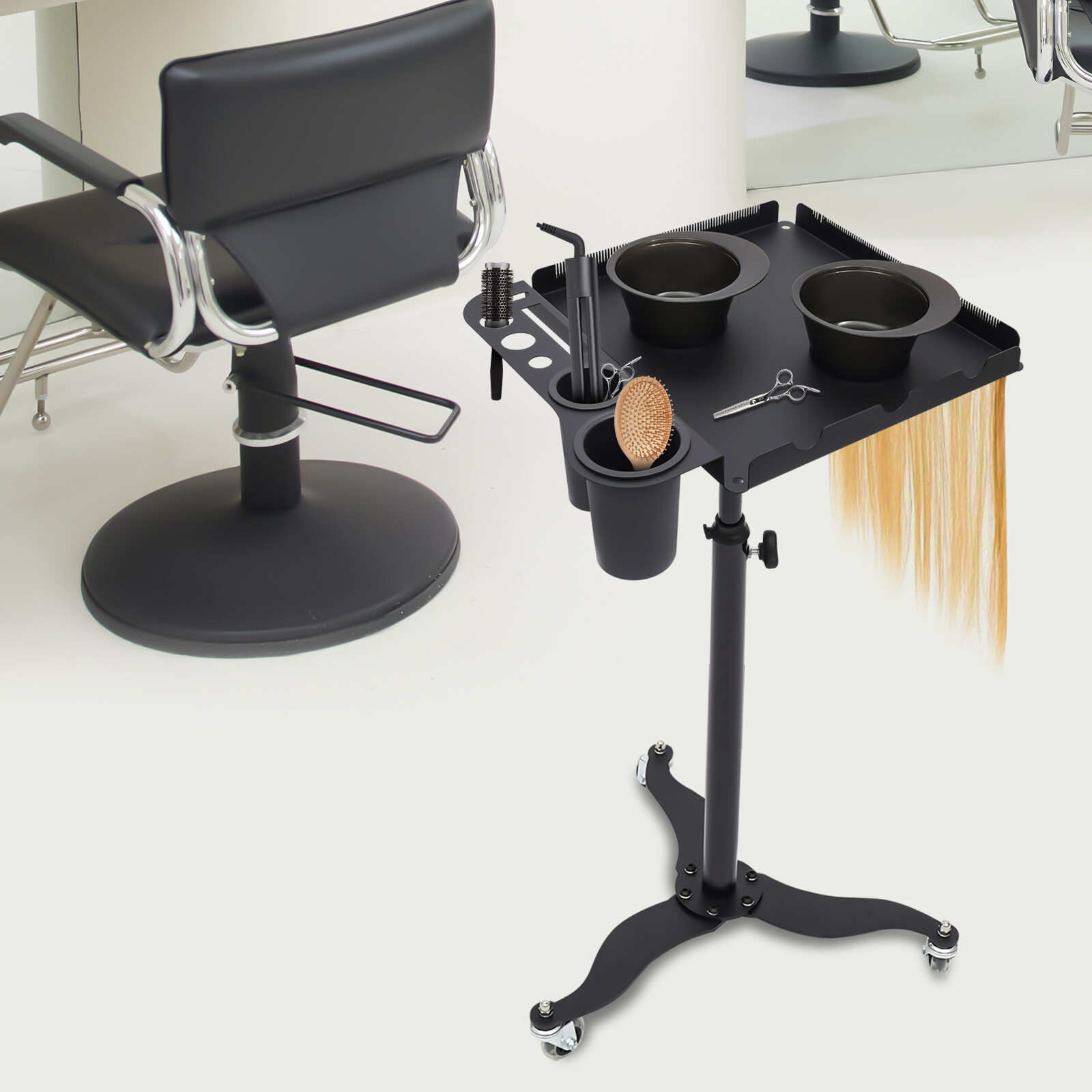 Adjustable Salon Tray Cart Rolling Hairdressing Tool Trolley with 2 Bowls Adjustable Salon Tray Cart Rolling Hairdressing Tool Trolley with 2 Bowls