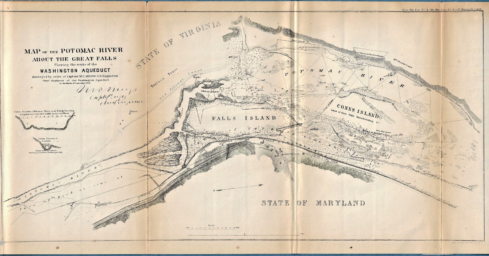1858 Washington Aqueduct Potomac River Map Great Falls DC J Bien Lithograph 