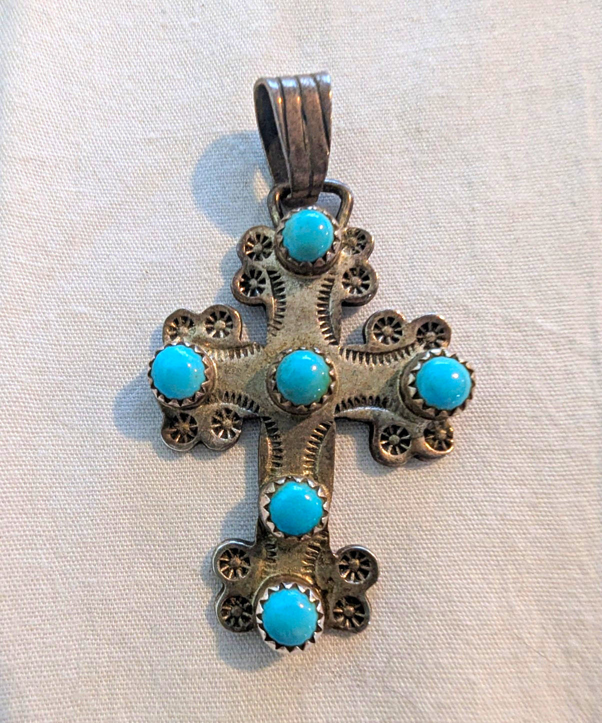Vtg Navajo Running Bear Sterling Silver Turquoise Cross Pendant Stamped RB 2\
