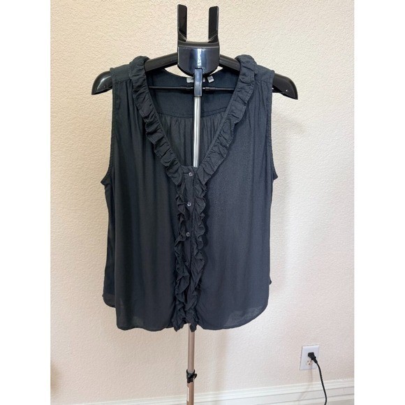 Dylan Ruffle Sleeveless Blouse Women Large Navy Blue Boho Cotton Top