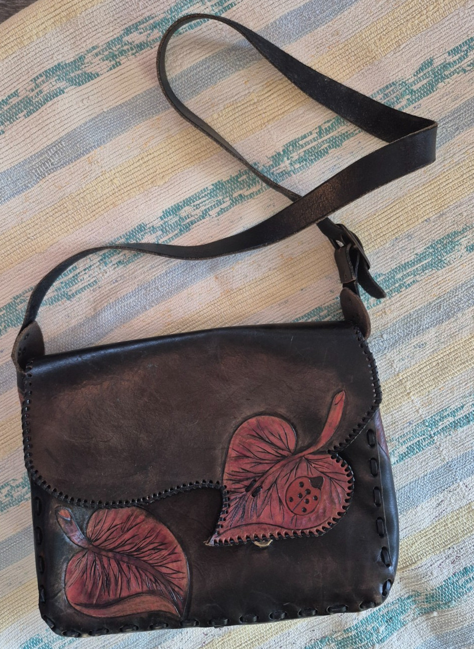 Vintage Handmade Brown Tooled Leather Cross Body Bag Leaf Applique Ladybug Boho