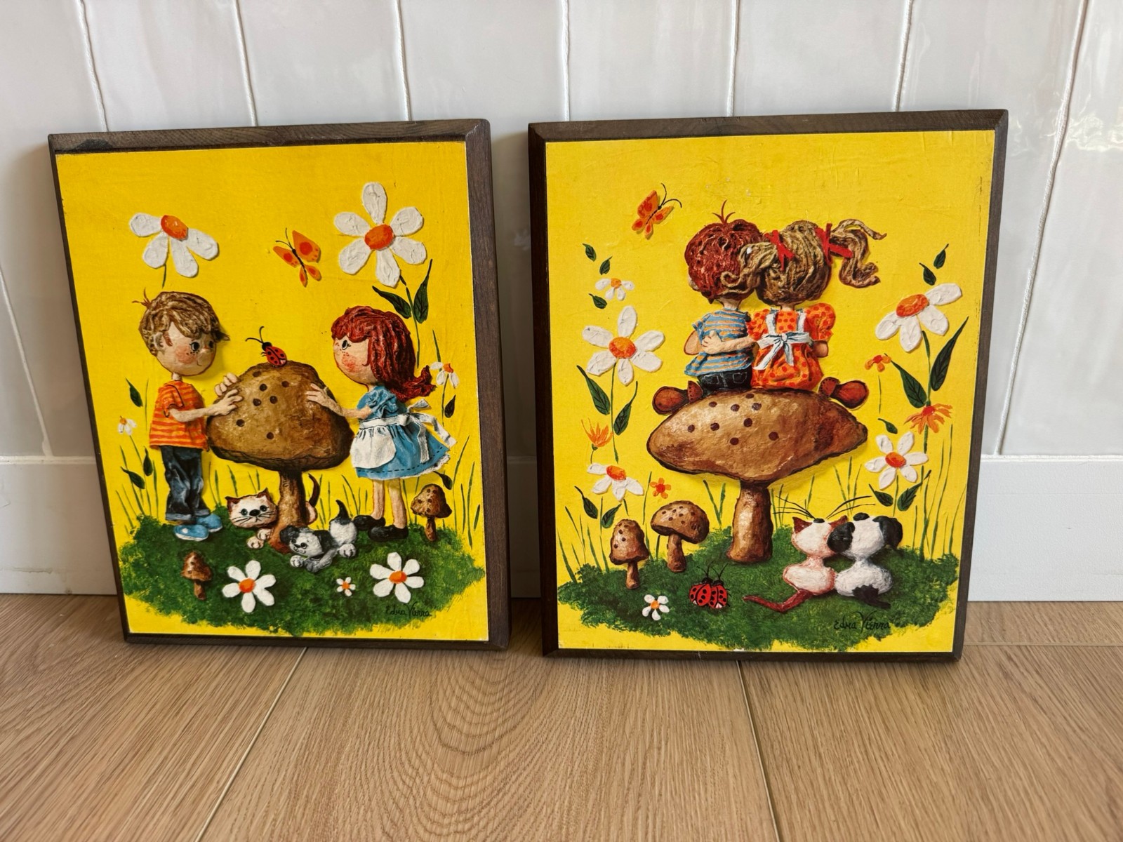 Vintage MCM Mid Century Edna Vierra Puppy Love Mushrooms  Plaques (2)  Art