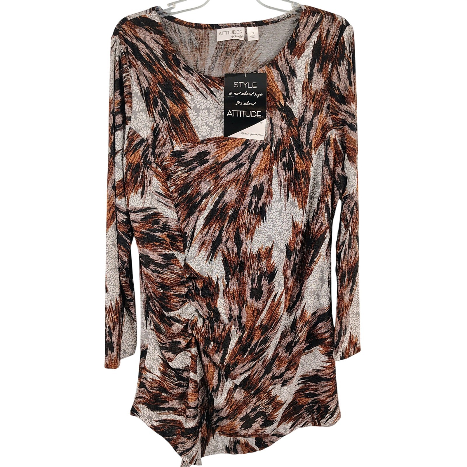 NWT Attitudes by Renee Womens 1X Tunic Top Multicolor Abstract Draped Boho Chic