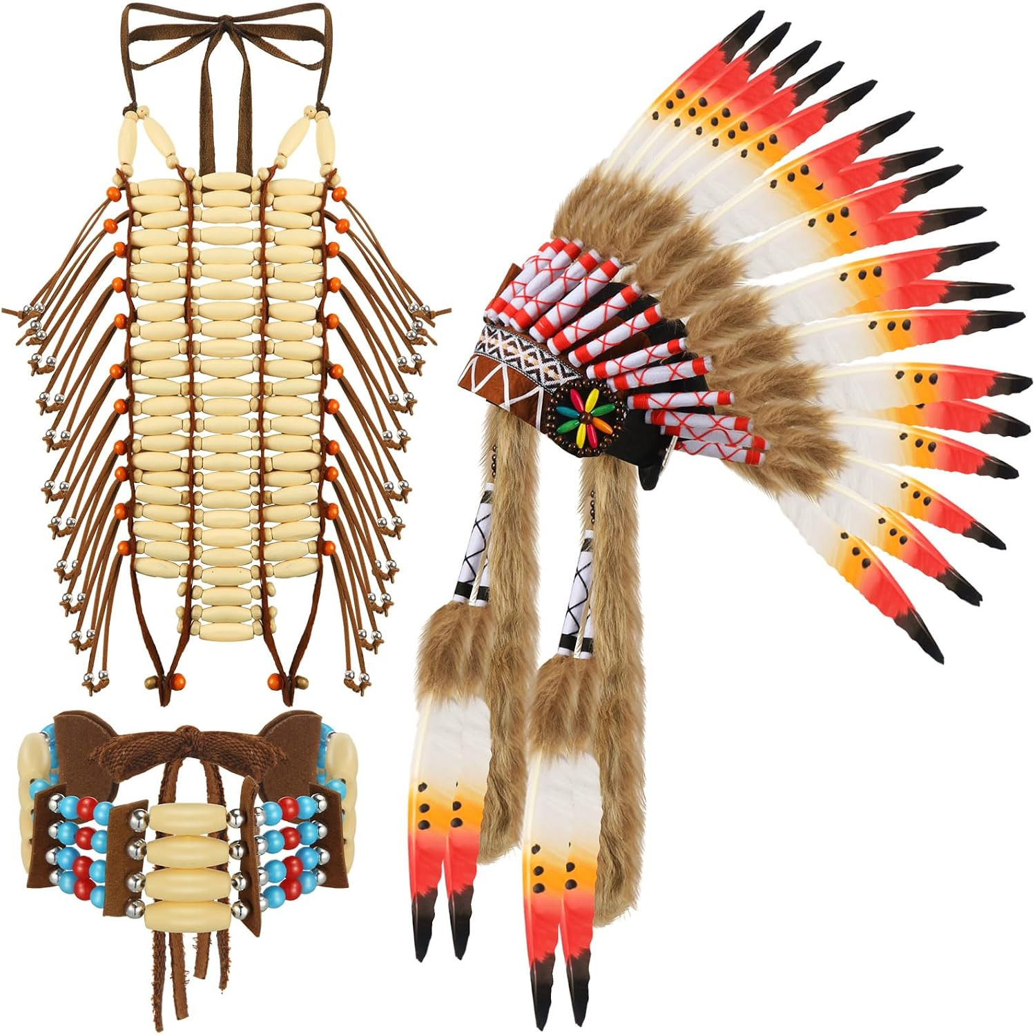 3 Pcs Halloween Native Costume Accessories Set Native Feather Headdress