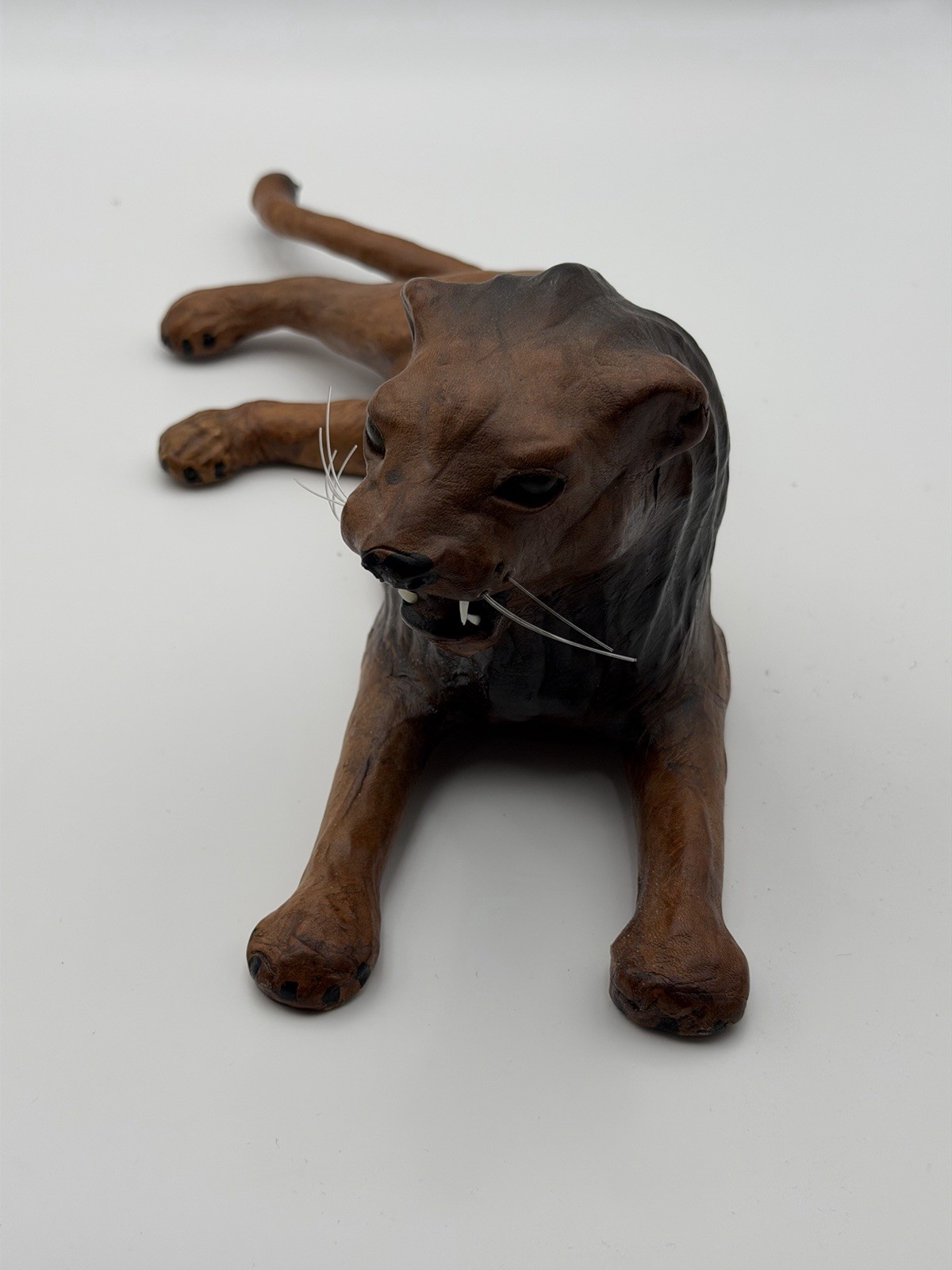 Vintage Mid-Century Leather Wrapped Reclining Lion Sculpture