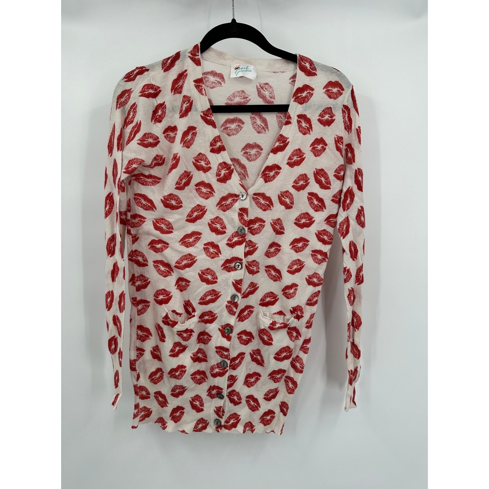 Womens Red Lips Print Cardigan Sweater Size M Whimsical Quirky Indie Pinup