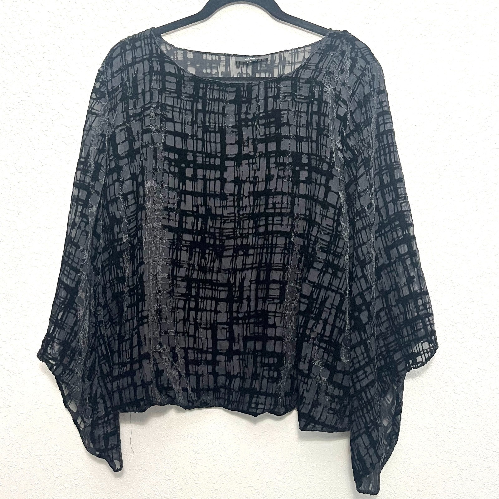 Alfani Black Sheer Burnout Velvet Shirt XL Bell Sleeves Witchy Whimsigoth Vampy