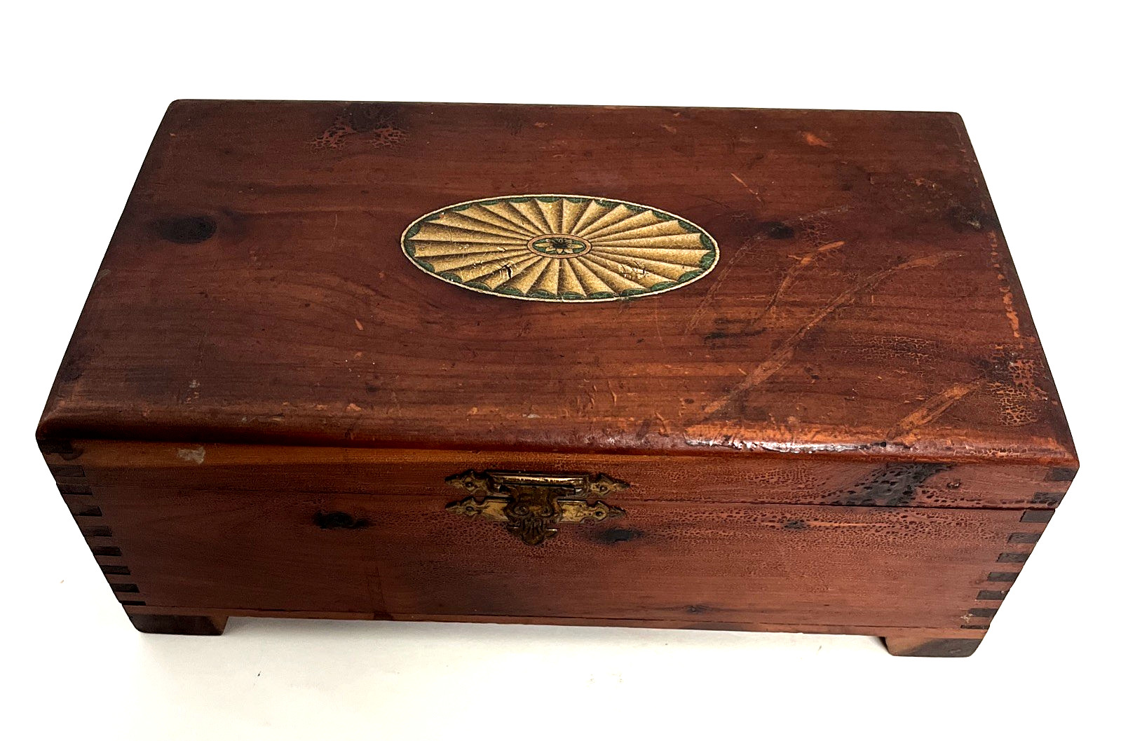 Document Box Mahogany Handcut Dovetail Sunburst Decal Brass Hinge Latch Antq Vtg