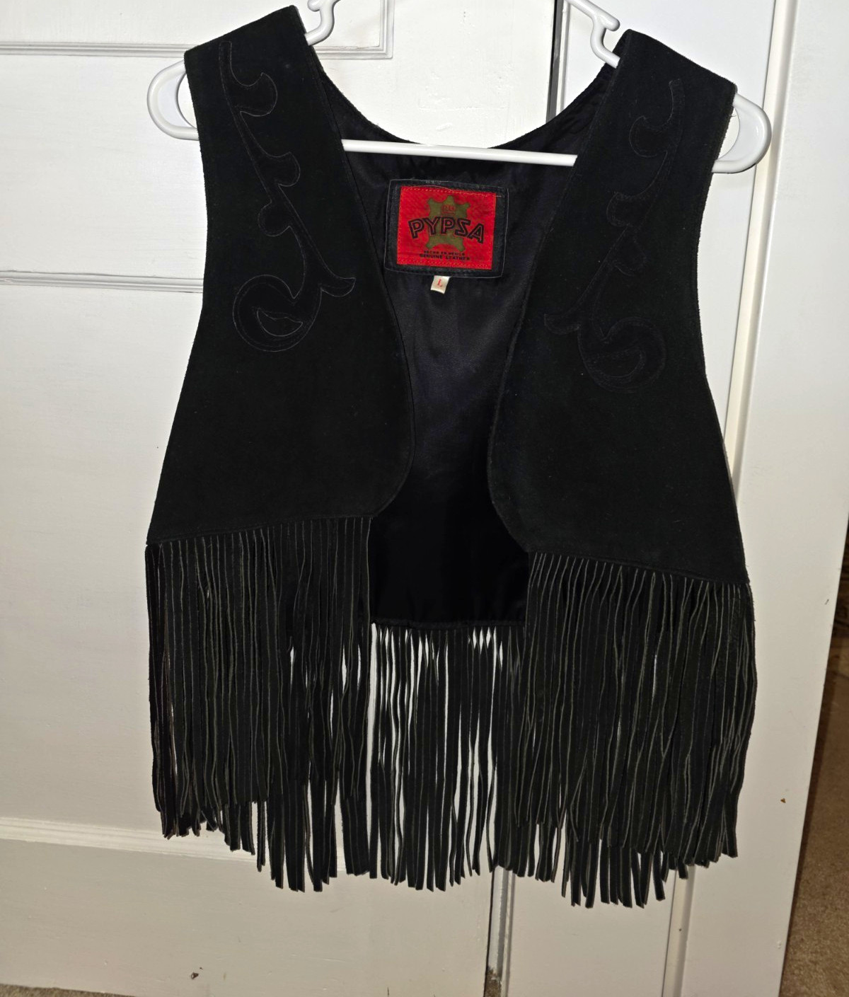 Vintage 1970s PYPSA Black Leather Fringe Vest L Mexico Western Biker Boho