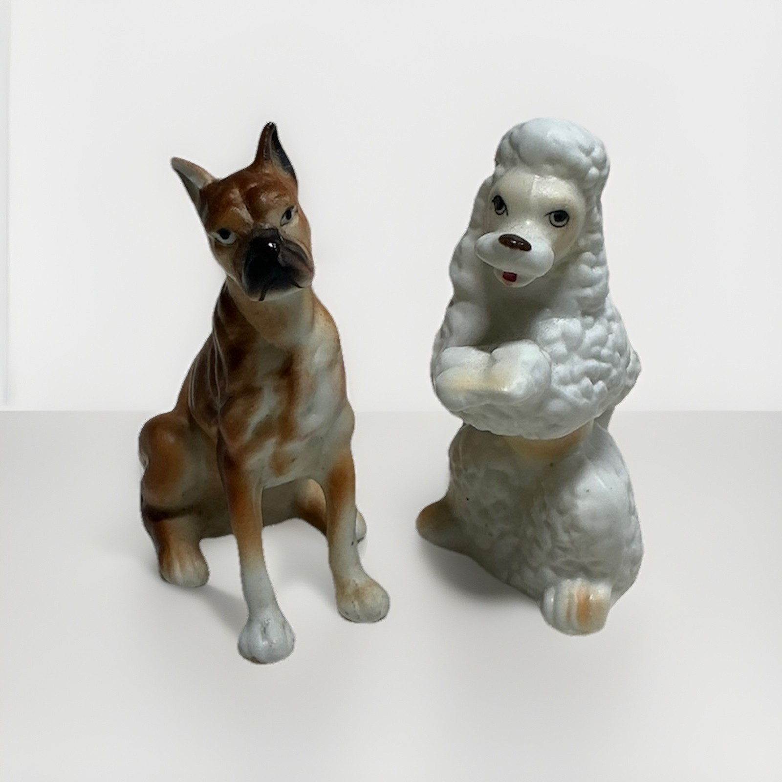 Vintage Mixed Breed Dog Salt Pepper Shakers Brown Boxer White Poodle MCM Japan
