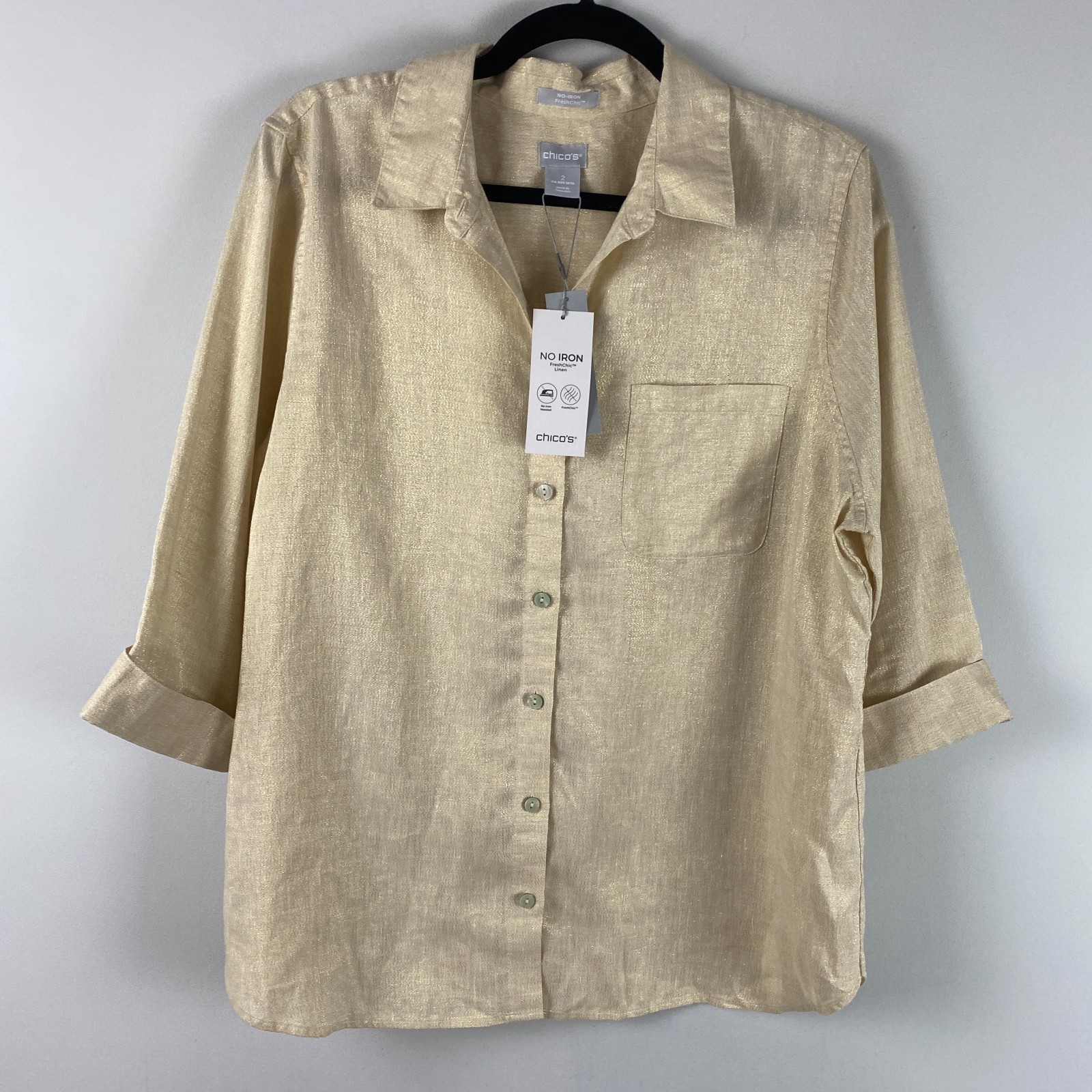 Chicos No Iron Linen Button Up Shirt Size 2 US Large Beige Metallic 3/4 Sleeves
