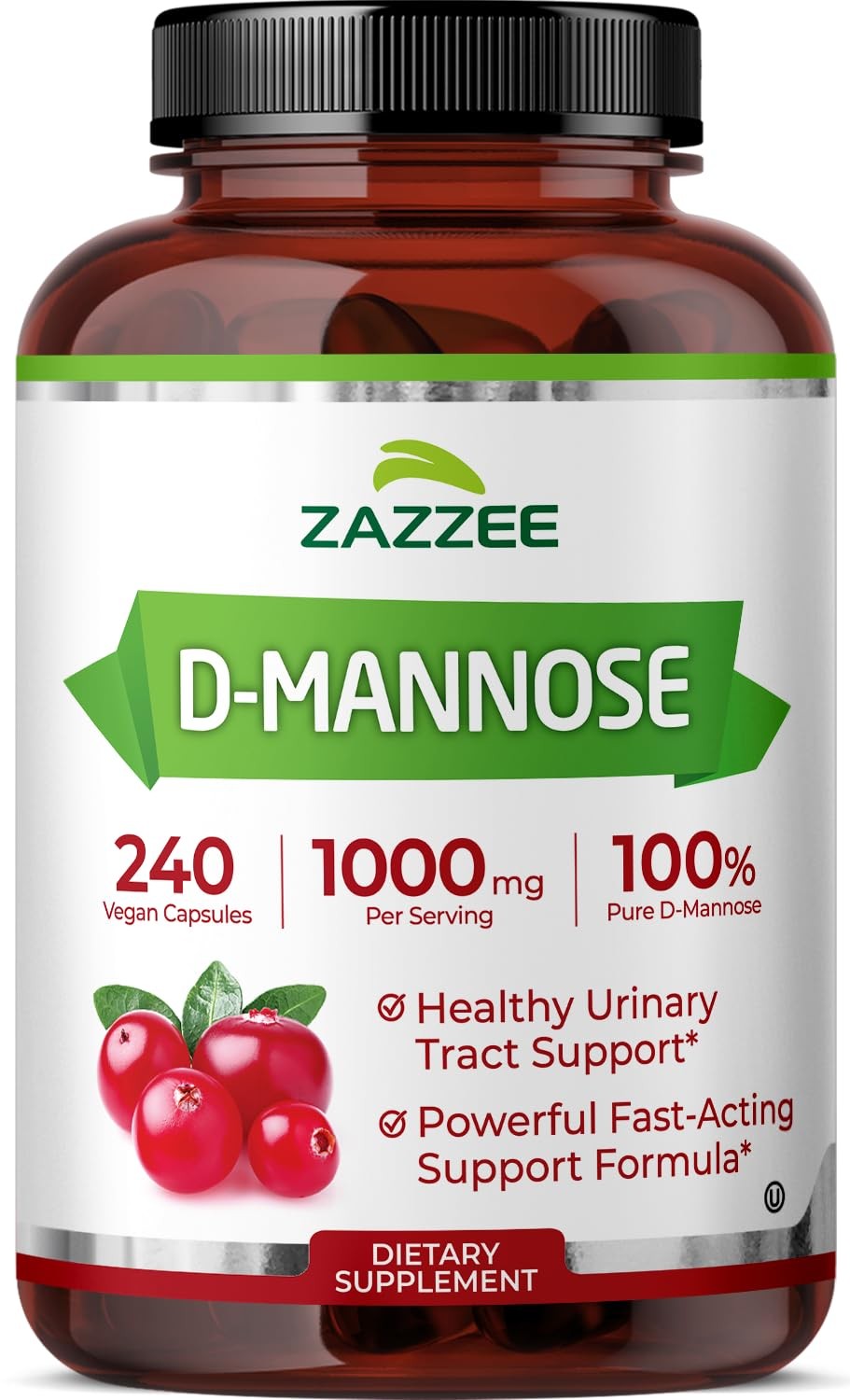 Zazzee D-Mannose, 1000 mg per Serving, 240 Vegan Capsules, Kosher, UTI Support