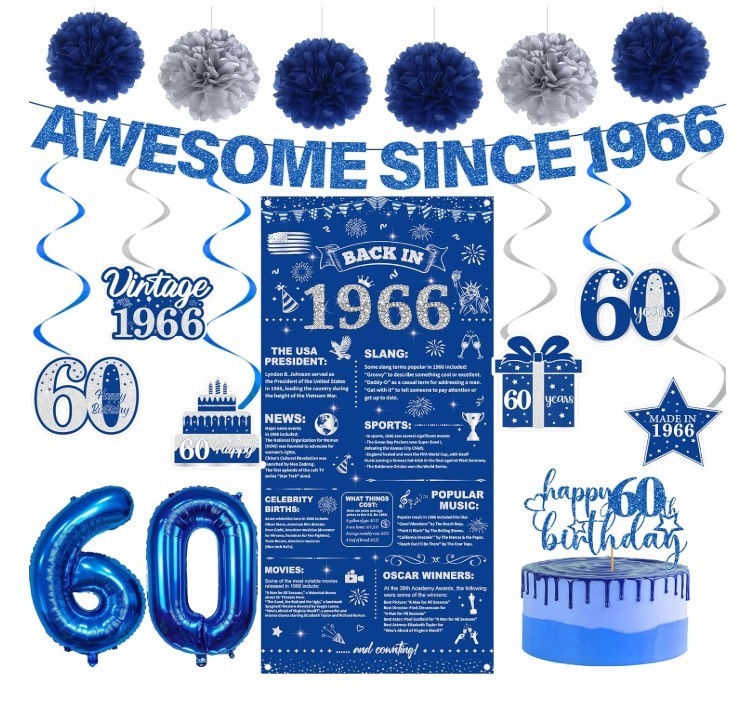 60Th Birthday Decorations Men Banner - 17 Pcs Blue Glitter Back in 1966 Birthday