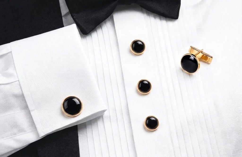 NEW Gold Black Tuxxman Tuxedo Cuff links Shirt 5 Studs Formal Set Tux TUXXMAN