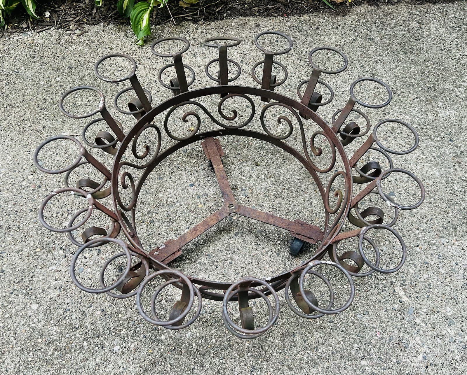 Antique Wrought Iron Hanging / Rolling Jardiniere Flower Display 27” Wide RARE Antique Wrought Iron Hanging / Rolling Jardiniere Flower Display 27” Wide RARE
