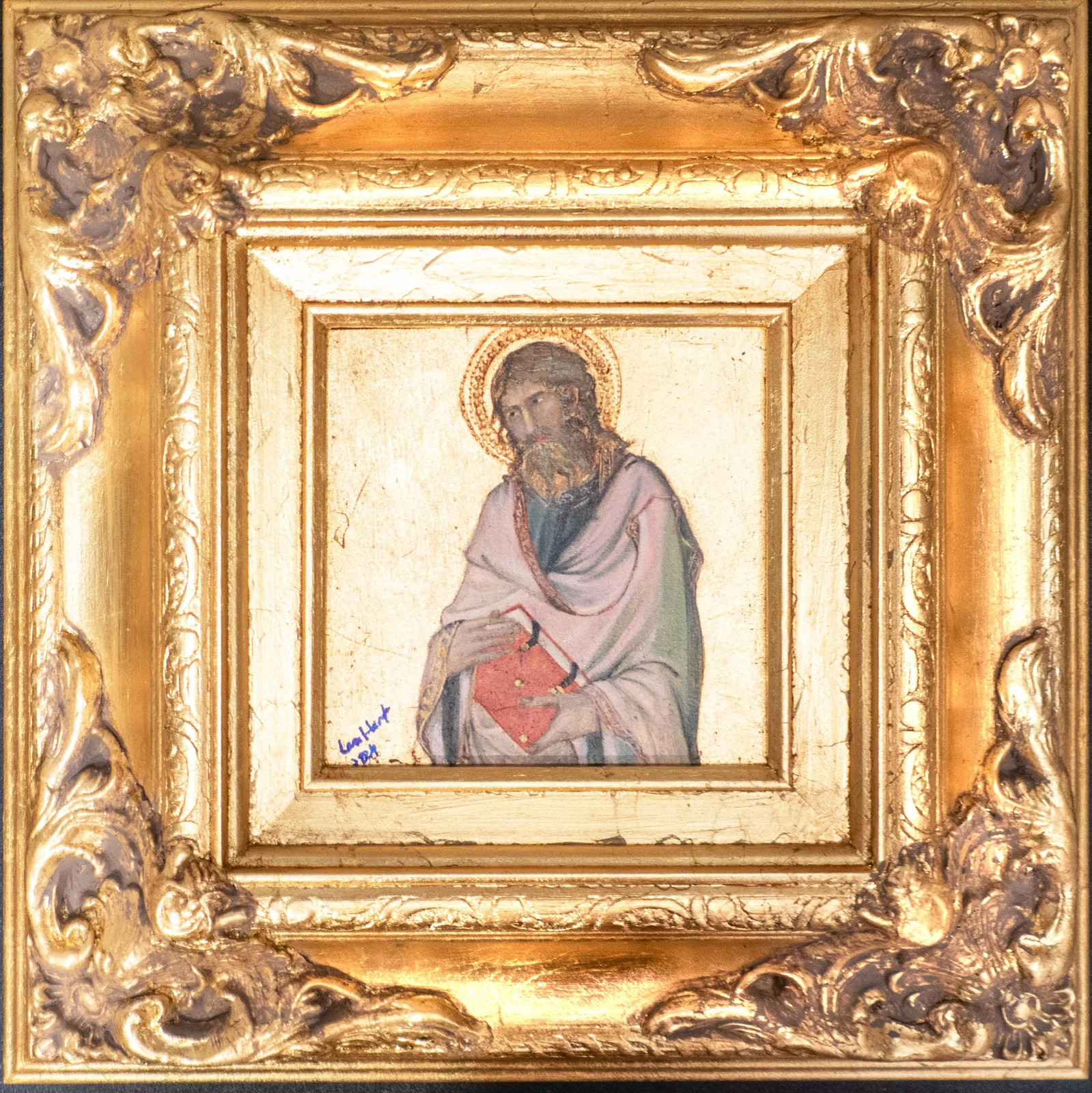 Hand Painted Saint Andrew Oil Painting on Wood Panel Gilded Ornate Frame 12x12 Hand Painted Saint Andrew Oil Painting on Wood Panel Gilded Ornate Frame 12x12