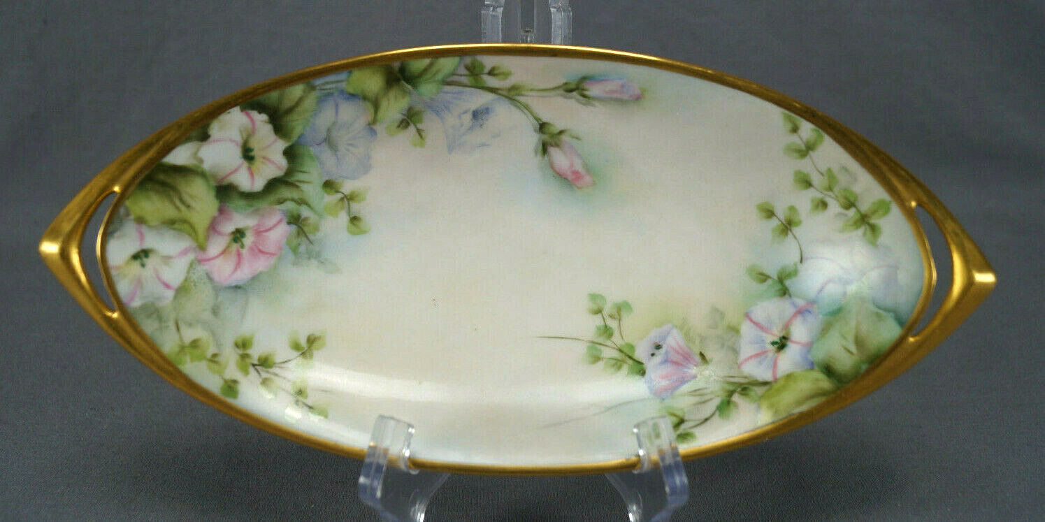 Rosenthal Donatello Hand Painted Pink & Blue Morning Glories & Gold Relish Dish Rosenthal Donatello Hand Painted Pink & Blue Morning Glories & Gold Relish Dish