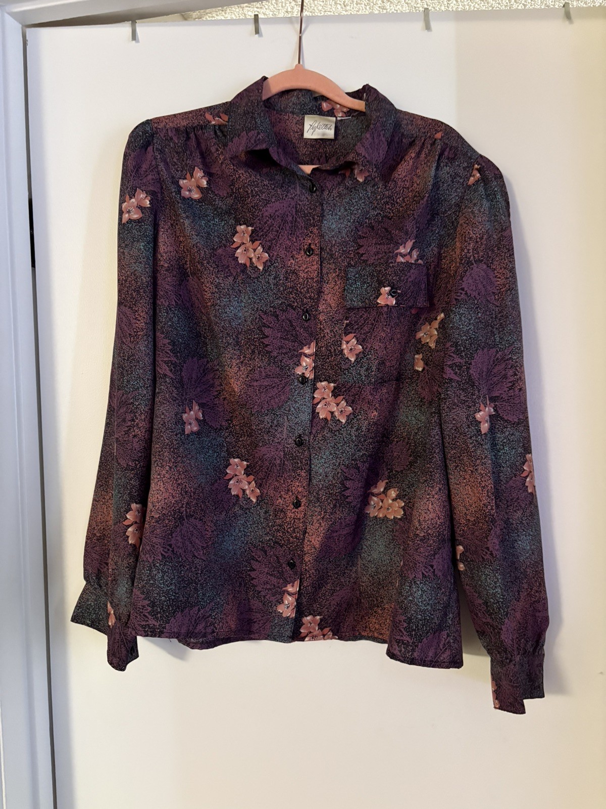 Vintage 70s Pykettes Floral Blouse Plum Speckled Print Puff Sleeve Top Sz Med