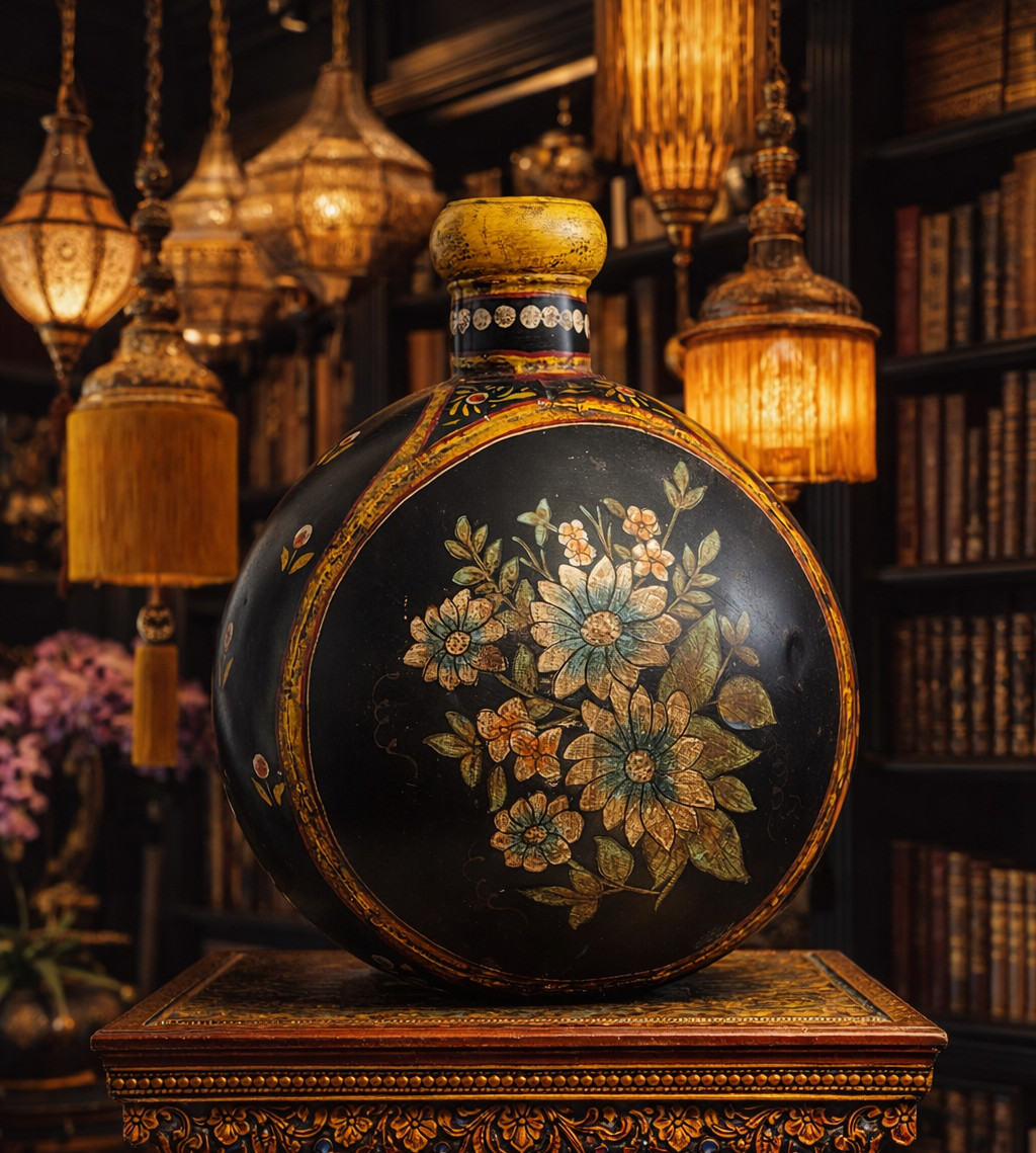 Vtg Indo-Raj Mughal Water Jug Vase Indian Hand Painted Hammered Metal Floral 15 Vtg Indo-Raj Mughal Water Jug Vase Indian Hand Painted Hammered Metal Floral 15