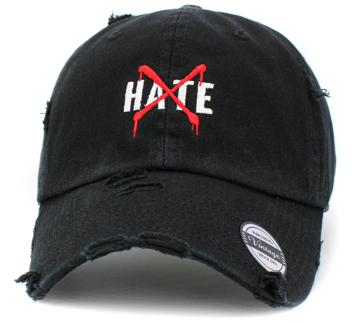 No Hate Vintage Adjustable Black Distressed Hat by KB Ethos 