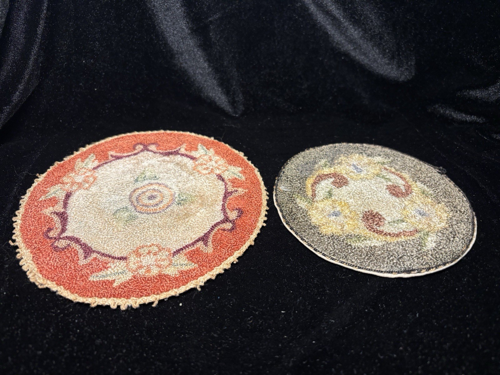 2 Antique Miniature Round Floral Hooked Rugs Made for Dollhouse 2 Antique Miniature Round Floral Hooked Rugs Made for Dollhouse