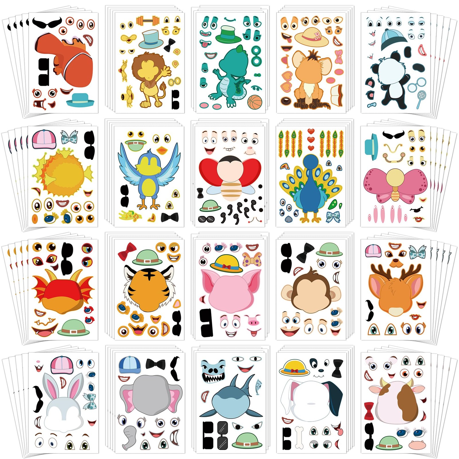 Sinceroduct 100PCS Make Your Own Stickers for Kids, Make-a-Face Stickers, 20 Ani